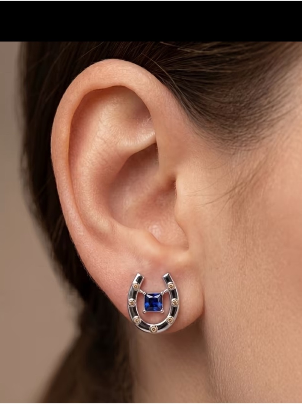 EQUESTRIAN Silver Horseshoe with Blue Stone Stud Earrings